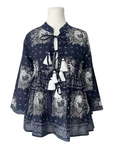 RUBY YAYA Navy Embroidered Tassel Sequin Smock Boho Blouse Shirt Size M - Picture 1 of 7