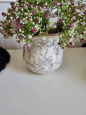  Übertopf Blumentopf Grau GeblümtKeramik glasiert Landhaus Clayre & Eef 18x17cm - Bild 1 von 2