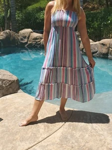 Maya Antonia Blue-White-Pink Cotton Boho Smocked Waist,Convertible Dress-Skirt - Picture 1 of 8