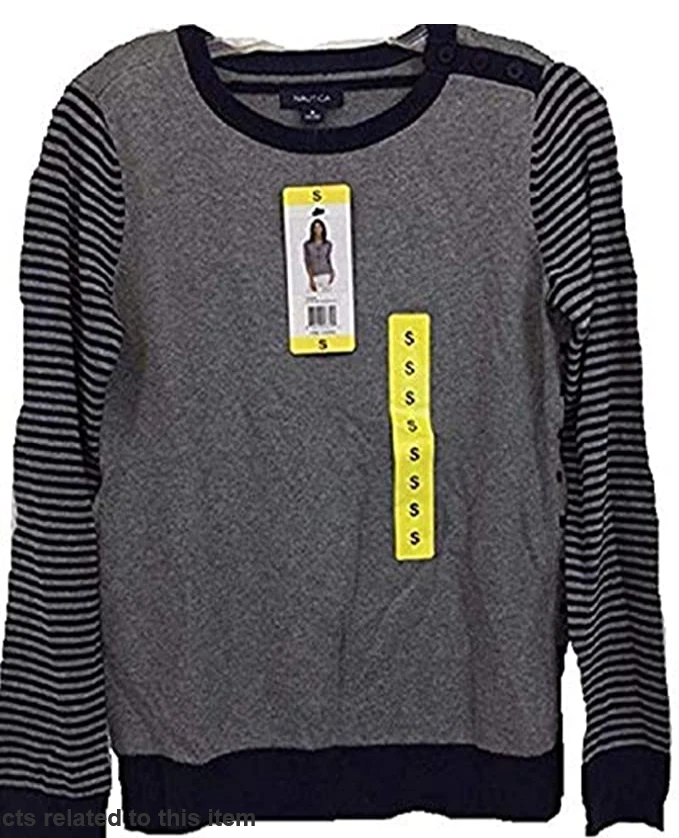 Nautica Women's Ship's Wheel Pullover Sweater Grey/Navy Size Medium