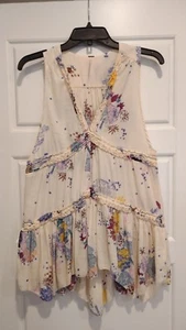 Free People Top Sz XS Floral Print Sleeveless Swing Tunic Ivory Ruffle Flowy  - Picture 1 of 6