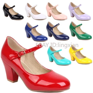 Women's Round Toe Court Ladies Pump Size Mary Jane Chunky Heel Ankle Strap Shoes - Picture 1 of 29