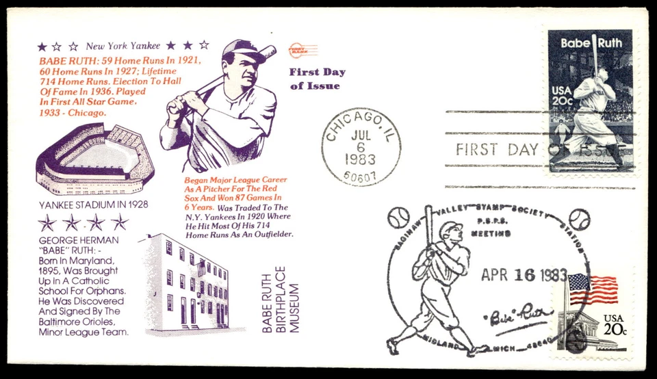 1983 FDC NY Yankee's Babe Ruth Baseball History First Rank Cachet- Purple - Image 1 of 2