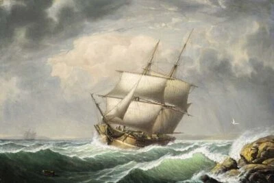 PINTURA AMERICANA NAVIO MARÍTIMO BRIG OFF THE MAINE COAST 1851 POR FITZ HENRY LANE REPR - Imagem 1 de 3