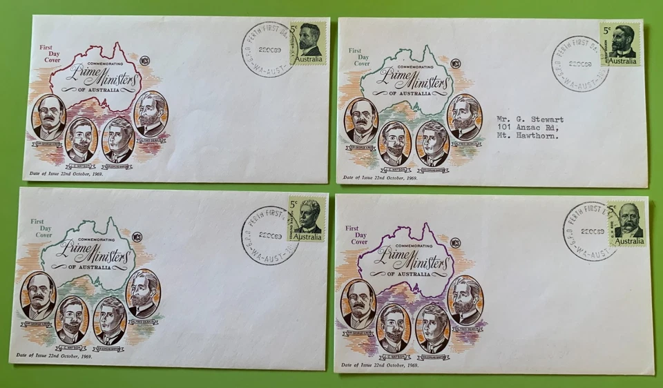 1969 AUSTRALIA PRIME MINISTERS FDC's Set of 4 WESLEY WCS - Unaddressed Perth CDS - Image 1 of 1