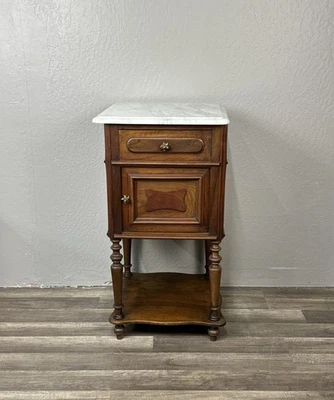 Antique French walnut carved nightstand end table with marble - Image 1 of 4