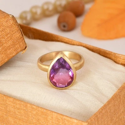 Pear Cut Tourmaline Quartz Ring In Gold Plated Engagement Ring For Giftt Her - Image 1 of 4