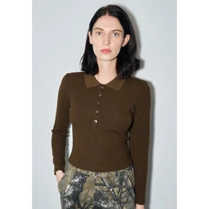 Fashion Brand Company geripptes Langarm Tencel Ripp Polo Kaffee Größe 2X - Bild 1 von 8