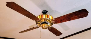 Vintage 80's Slag Glass 52" Ceiling Fan 3 Speed Reversible Works Crown Prism Fan - Picture 1 of 17