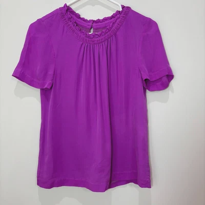 J Crew 100% Silk Blouse Women 2 Purple Ruffles Short Sleeves Romantic Airy Flowy - Image 1 of 4