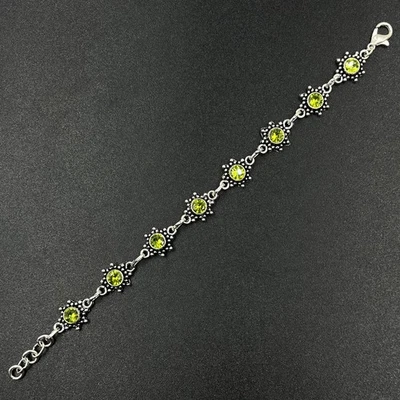 925 Sterling Silver Rose Cut Green Peridot Gemstone Jewelry Chain Bracelet - Image 1 of 4