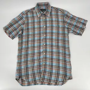 Orvis Shirt Mens Large / XL Plaid Button Up Linen Blue Short Sleeve Collared - Picture 1 of 9