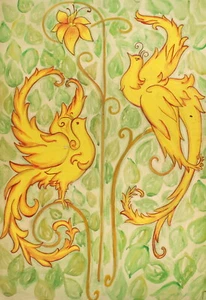 Vintage large floral gouache painting birds - Picture 1 of 12