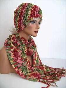 CROCHET NEW MULTI COLOR BEANIE HAT & SCARF SET SKI CAP CLOCHE TAM SKATER CAP   - Picture 1 of 12
