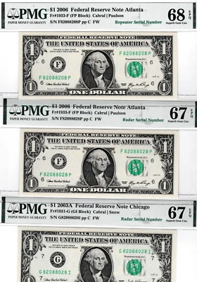 $1  MATCHING 2 RADARS & REPEATER  Federal Reserve 3 notes  82088028-82082808 PMG - Image 1 of 3