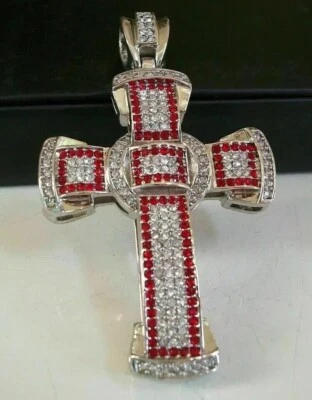 3.00Ct Round Cut Lab-Created Red Ruby Men's Cross Pendant 14K White Gold Plated - Image 1 of 4