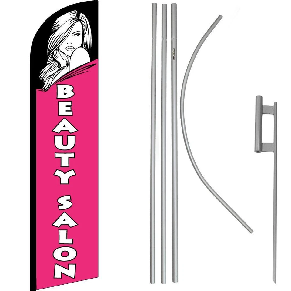 Beauty Salon Pink / White Windless Banner Flag & 16ft Flagpole Kit /Ground - Image 1 of 1