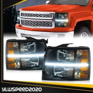 Fit For 07-14 Chevy Silverado Pair Smoke LED DRL Strip Headlights Black Housing - Imagen 1 de 9