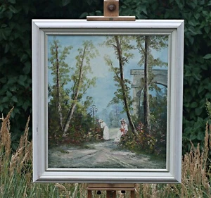 Escena de jardín romántica con damas - óleo sobre lienzo firmado, arte enmarcado grande - Imagen 1 de 7