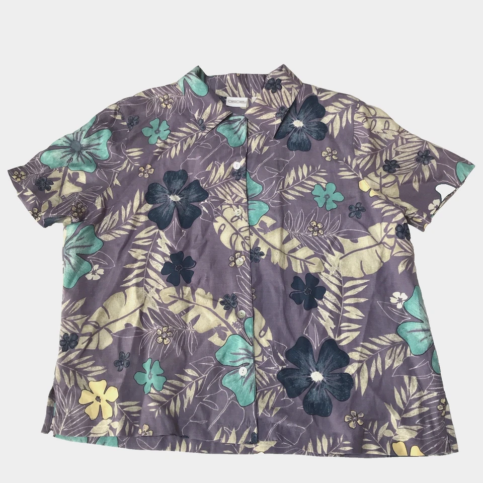 Camisa De Colección Años 90 Para Mujer Grande Tropical Hawaiana Seda Lino Resort Cuello Lazo Foto 1 de 4