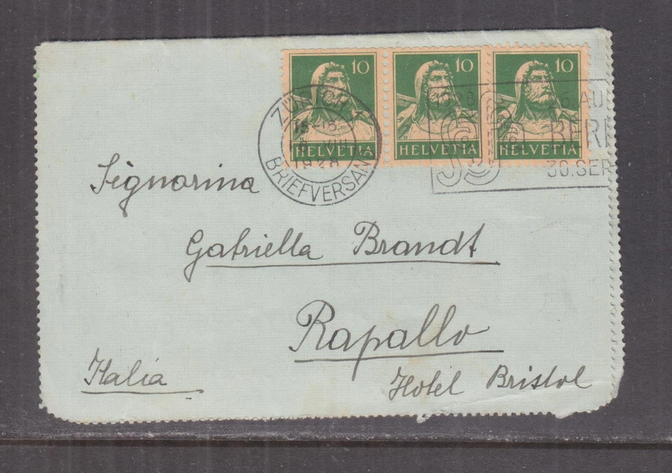 Швейцария, 1928 лист с письмами, 10c. Зеленый (3), из Цюриха в Рапалло, Италия. - Изображение 1 из 1