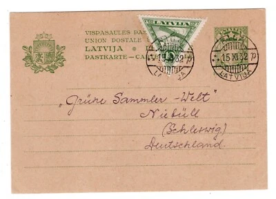 TARJETA DE PAPELERÍA POSTAL LETONIA 1932 MEJORADA A ALEMANIA  Foto 1 de 2