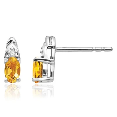 Висячие серьги-гвоздики из чистого белого золота 14 карат с цитрином и бриллиантами - Изображение 1 из 4