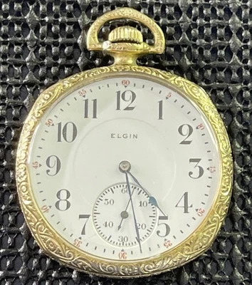 1912 Elgin Mod. 3 Gr. Relógio de bolso 345 12s 17j folheado a ouro 14k estojo ornamentado funciona - Imagem 1 de 4