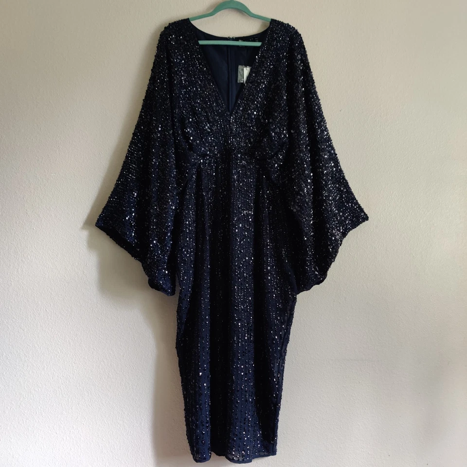 Vestido midi glamuroso lápiz lentejuelas kimono azul marino edición ASOS talla 18 fiesta boda Foto 1 de 4