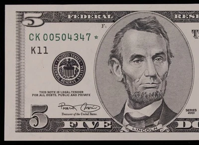 $5 2001 GEM CU Star Federal Reserve Note CK00504347* five dollar, Dallas CK11 - Image 1 of 3