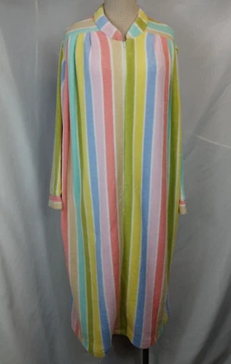 Vintage Saybury Robe Size M 70s 80s Pastel Rainbow Stripe Zip Fleece House Coat - Image 1 of 4