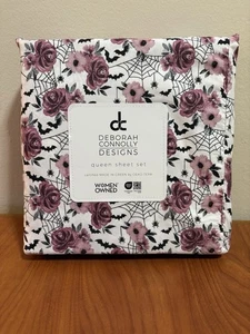 Deborah Connolly Design Queen Sheet Set Purple Floral Spider Bat Halloween Theme - Picture 1 of 3