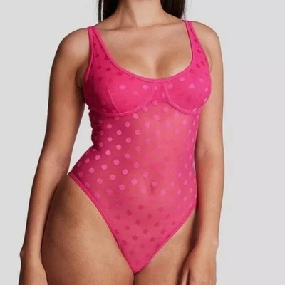 PINK Victoria's Secret Sheer Sexy Dot Mesh Bodysuit Sleepwear Lingerie Small - Image 1 of 4