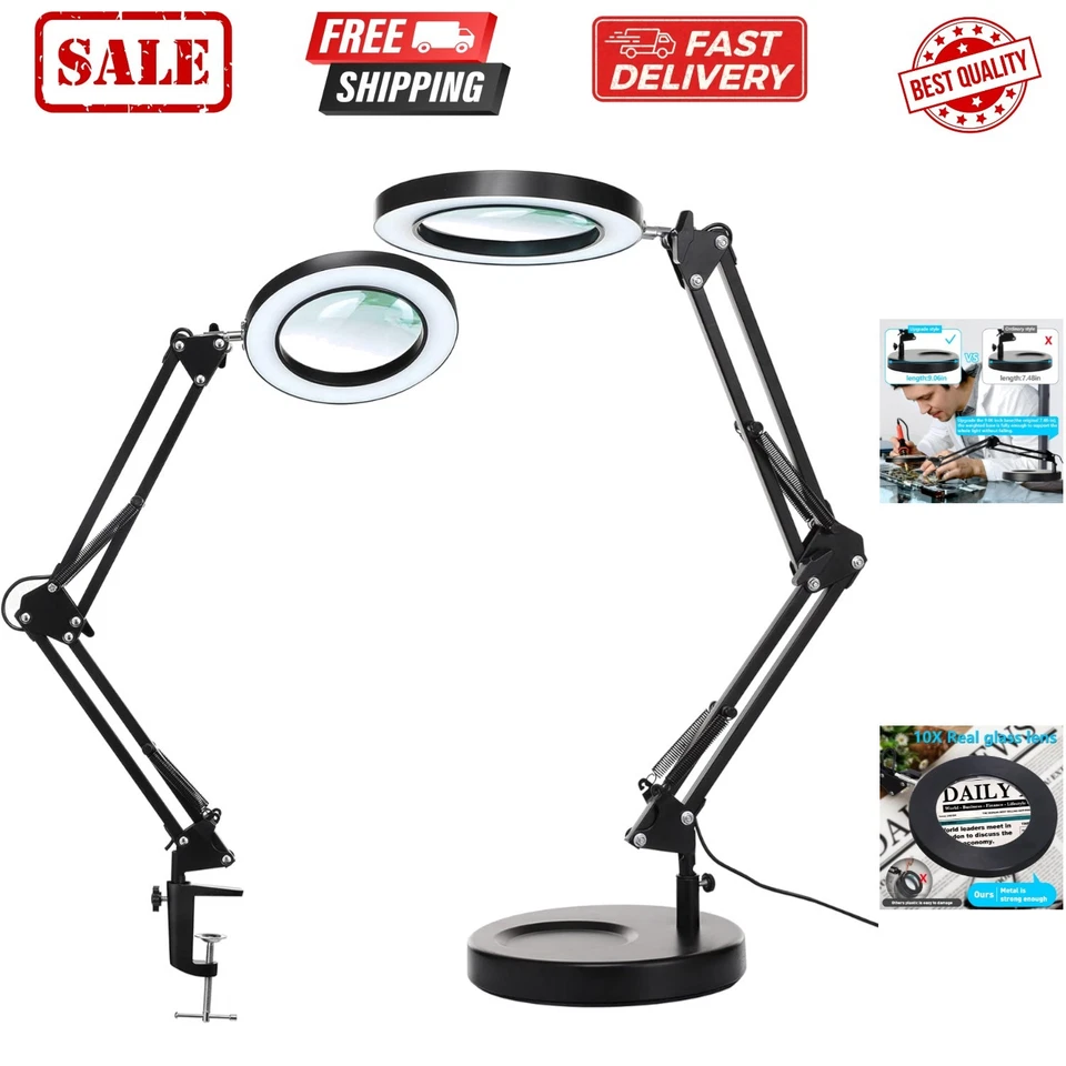 Magnifier Desk Lamp Dimmable Daylight Bright LED Magnifying With Utility Clamp