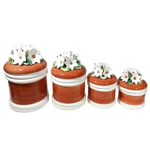 Vintage 70er Jahre Capodimonte Keramik Küche Kanister Set Retro Orange Weiß Gänseblümchen - Bild 1 von 12