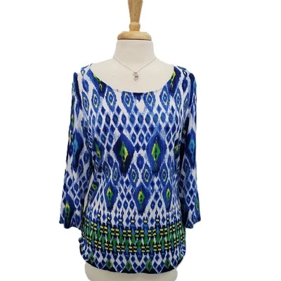 Blusa Top Chicos Mujer 3 (XL) Azul Verde Estampado Ikat Manga 3/4 Lateral Acanalado Foto 1 de 4