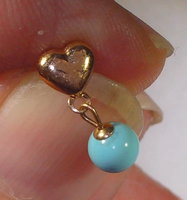 535 Yellow Gold Created Turquoise Bead & Gold Heart Dangle Post Earrings - Image 1 of 4