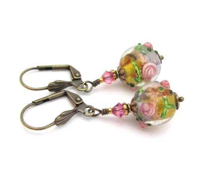 Pendientes de vidrio vintage cuentas de murano de latón envejecido regalo victoriano Foto 1 de 4