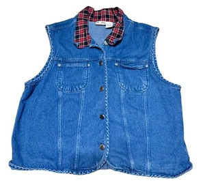 VTG DENIM JEANS VEST SZ L PLAID COLLAR BLUE COTTON SNAP FRONT SUN RIVER WOMENS - Picture 1 of 4