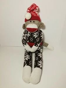 Sock Monkey Unbranded Large Plush Stuffed  Doll 23" Brown Red Knit Hat Animal  - Picture 1 of 6