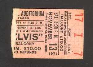Boleto de concierto original raro de ELVIS PRESLEY 13 DE NOVIEMBRE 1971 MEMORIAL DALLAS TX - Imagen 1 de 2