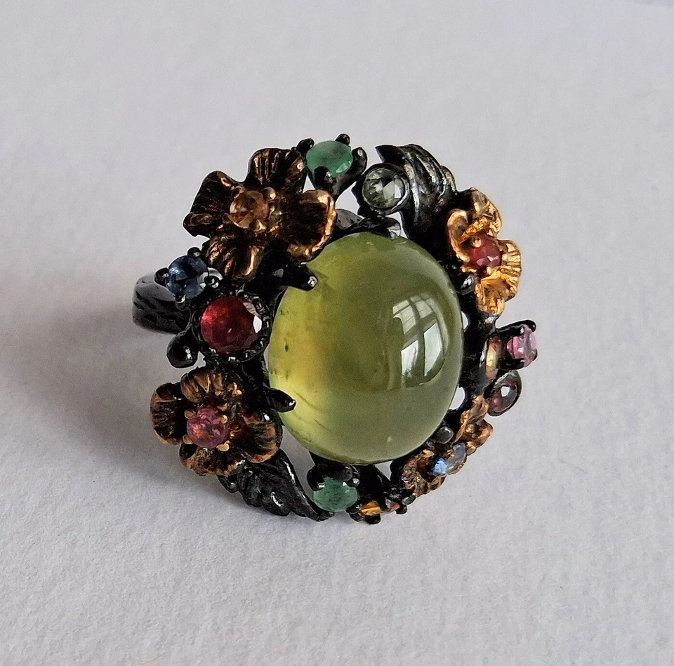 ANELLO ARG. STERLING 925 BRUNITO CON PRENITE, TORMALINE E SMERALDI NATURALI - Immagine 1 di 4