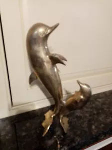 Vintage Large Brass Pair Of Dolphins Statue Figure Mother & Baby Animals - Picture 1 of 8