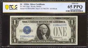 1928 A $1 SILVER CERTIFICATE FR.1601 WOODS MELLON E-B BLOCK PCGS 65 PPQ (209B) - Picture 1 of 2