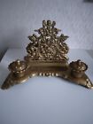 Antique Brass Double Inkwell Letter Rack Louis Xv Baroque Cherub Repousse Style