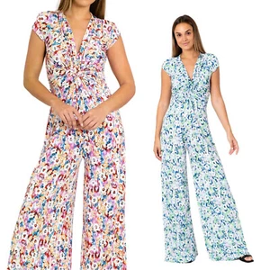Mono Palazzo floral de manga corta con cuello en V para mujer APPST2 - Imagen 1 de 5