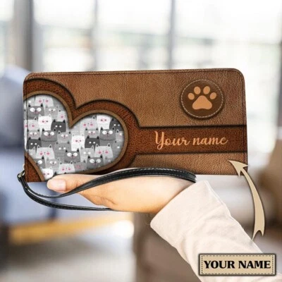 Encantadora Cartera sin asas vintage personalizada de cuero PU para gatos, billetera regalo para amantes de los gatos Foto 1 de 2