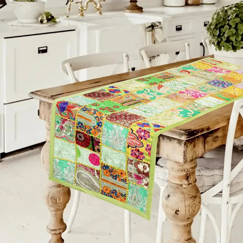 Indian Cotton Patchwork Table Runner Embroidered Dining Green Table Tapestry - Image 1 of 4