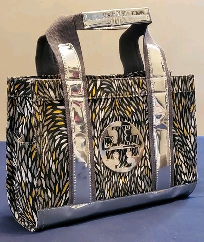 BORSA TOTE TORY BURCH TORY ARGENTO VERNICIATO A SPECCHIO FINITURA MULTICOLORE TELA SECUC