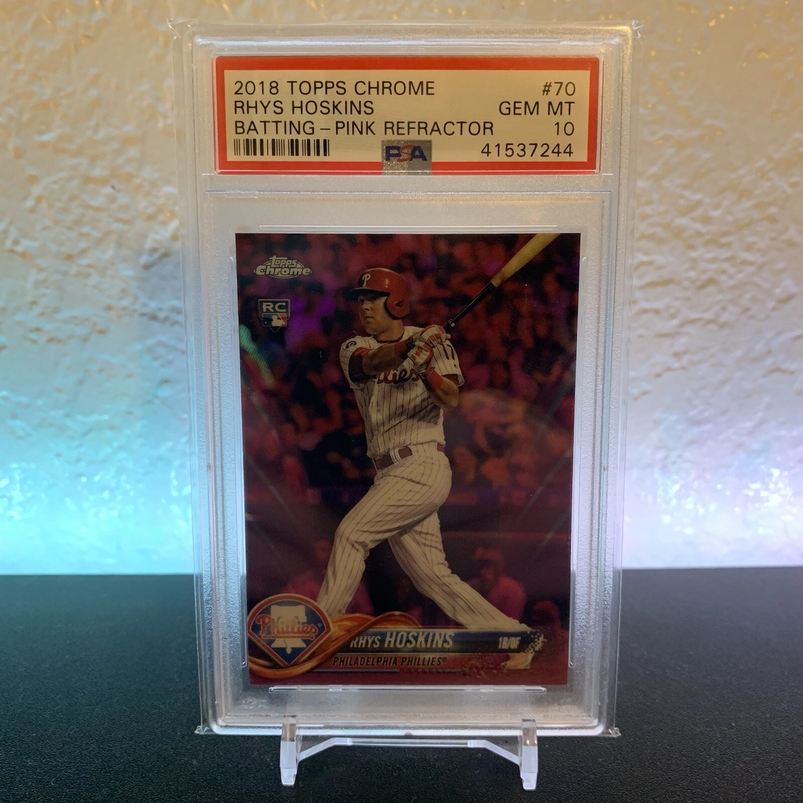 2018 TOPPS CHROME RHYS HOSKINS PINK REFRACTOR #70 PSA 10 ROOKIE RC GEM MINT